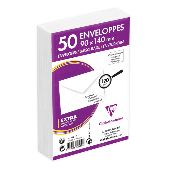 Enveloppe pour carte de visite 9 x 14 cm Gommées blanches 50 pcs - Clairefontaine - Rougier et Plé