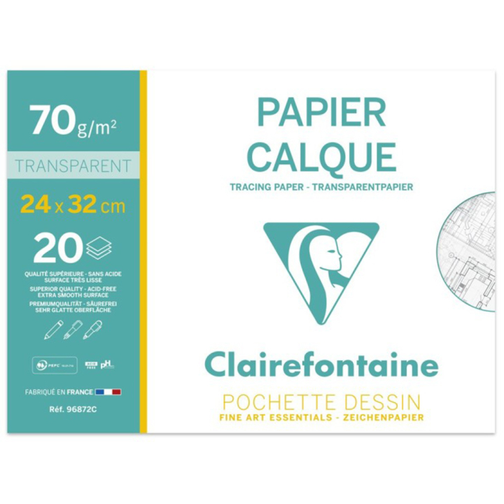 Pochette Dessin Papier Calque transparent 70 g/m² 24 x 32 cm 20 feuilles - Clairefontaine - Rougier et Plé