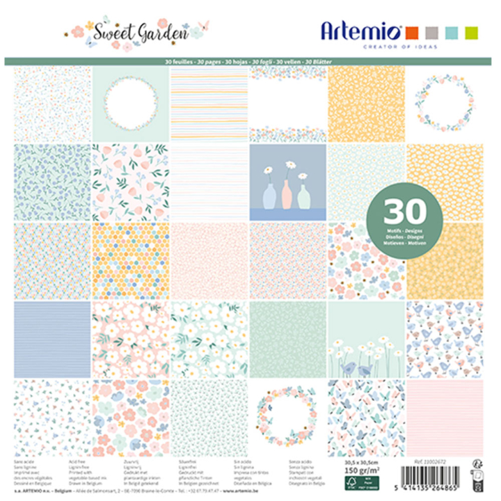 Bloc de 30 feuilles de papier imprimés 30 x 30 cm Sweet Garden - Artemio - Rougier et Plé