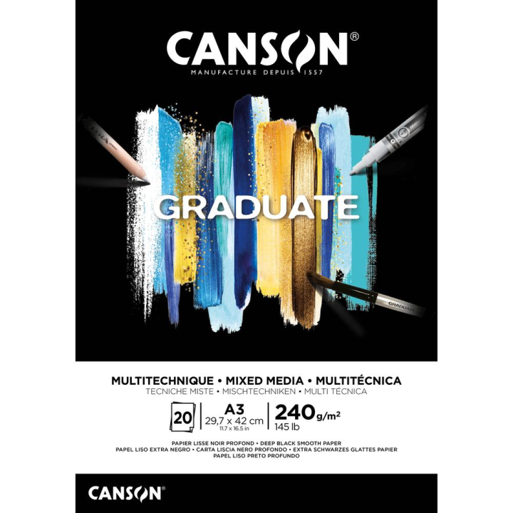 Bloc Graduate Mixed Media Papier noir 240 g/m² 20F - Canson - Rougier et Plé