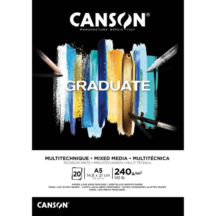 Bloc Graduate Mixed Media Papier noir 240 g/m² 20F - Canson - Rougier et Plé