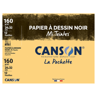 Papier à dessin noir Mi-teintes 160 g/m² 24 x 32 cm Pochette de 12 feuilles - Canson - Rougier et Plé
