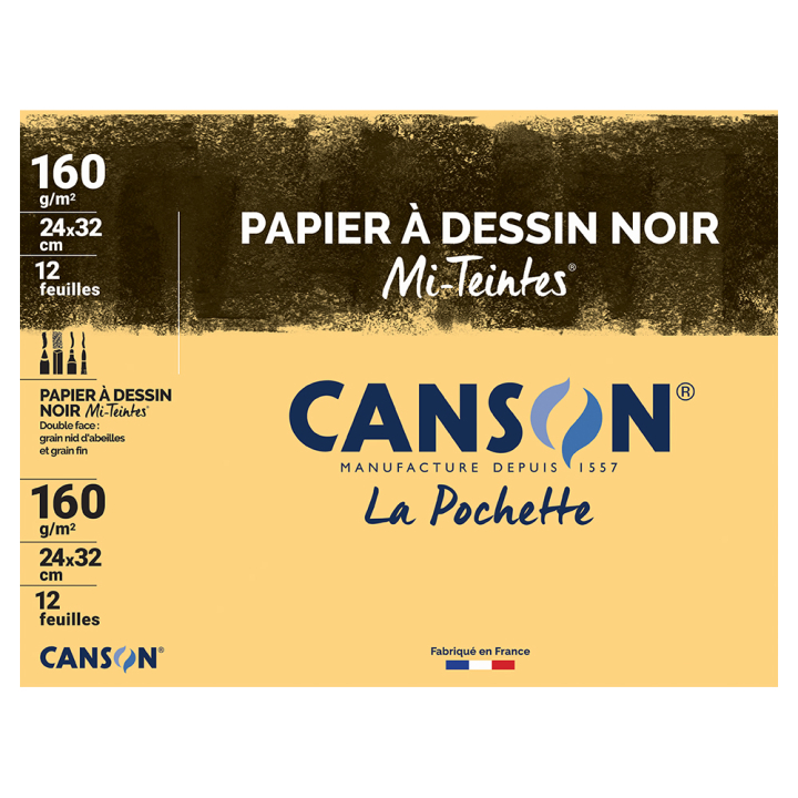 Papier à dessin noir Mi-teintes 160 g/m² 24 x 32 cm Pochette de 12 feuilles - Canson - Rougier et Plé