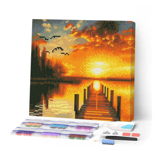 Kit de mini broderie diamant sur toile 25 x 25 cm Coucher de soeil au Lac Dorée - Figured'Art - Rougier et Plé