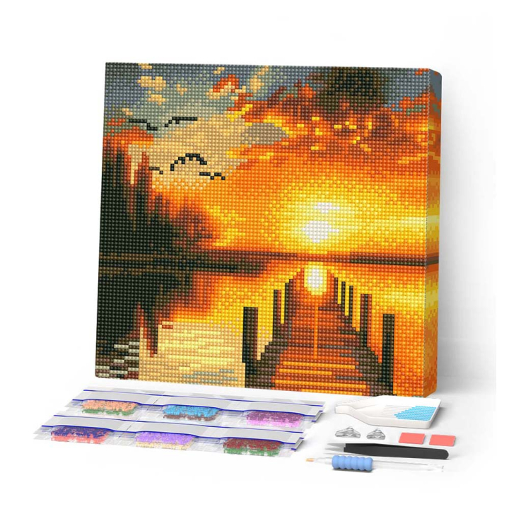Kit de mini broderie diamant sur toile 25 x 25 cm Coucher de soeil au Lac Dorée - Figured'Art - Rougier et Plé