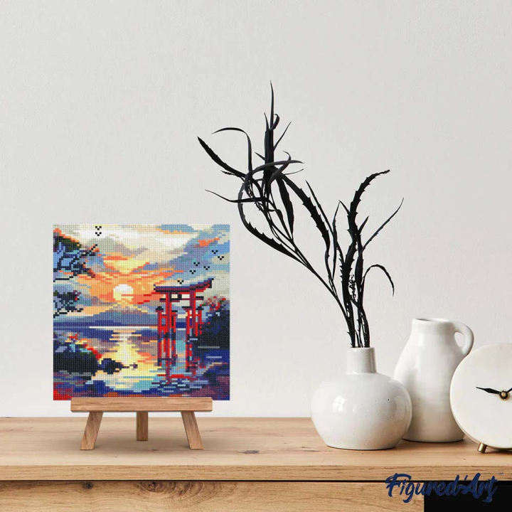 Mini Broderie Diamant toile sur châssis 25 x 25 cm Porte Torii coucher de soleil - Figured'Art - Rougier et Plé