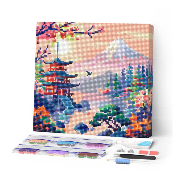 Mini Broderie Diamant  toile sur châssis 25 x 25 cm Pagode et Mont Fuji - Figured'Art - Rougier et Plé