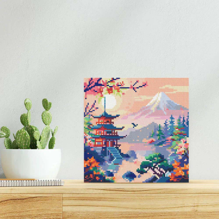 Mini Broderie Diamant  toile sur châssis 25 x 25 cm Pagode et Mont Fuji - Figured'Art - Rougier et Plé