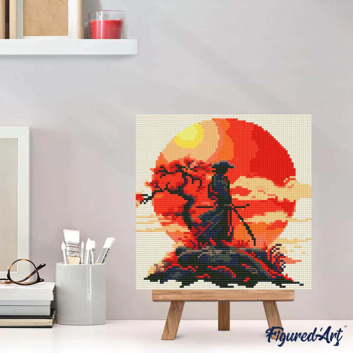 Mini Broderie Diamant toile sur châssis 25 x 25 cm Samouraï Coucher de soleil - Figured'Art - Rougier et Plé