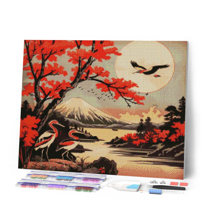 Broderie Diamant sur toile Grues et Mont Fuji 40 x 50 cm - Figured'Art - Rougier et Plé