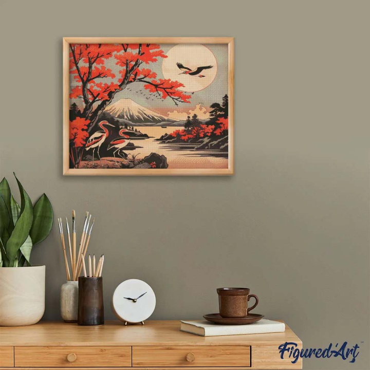 Broderie Diamant sur toile Grues et Mont Fuji 40 x 50 cm - Figured'Art - Rougier et Plé