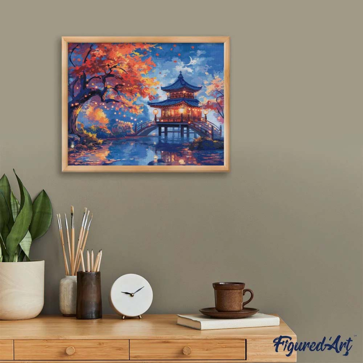 Broderie Diamant sur toile Pagode Nuit d'Automne 40 x 50 cm - Figured'Art - Rougier et Plé