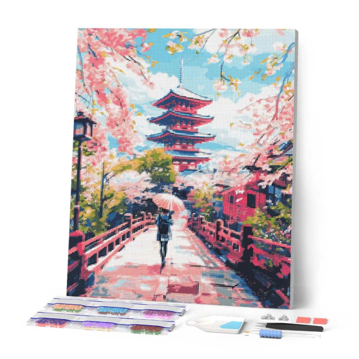 Broderie Diamant sur toile Mont Fuji Lac Cerisiers 40 x 50 cm - Figured'Art - Rougier et Plé