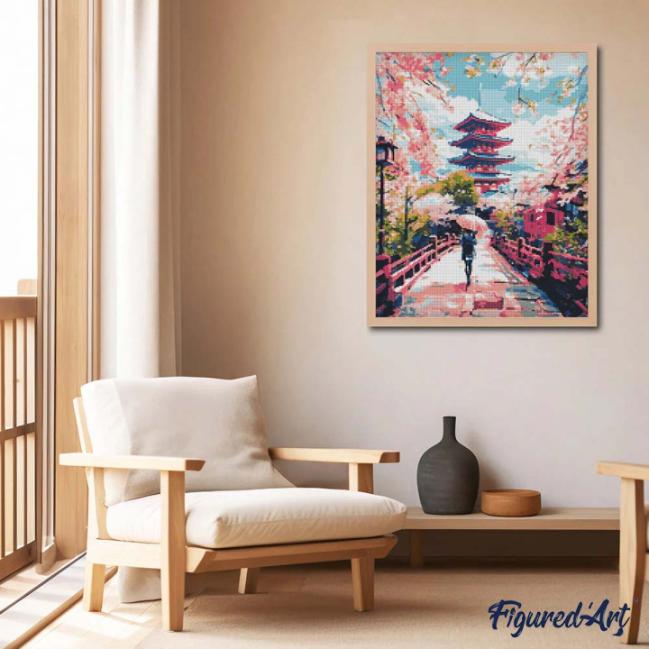 Broderie Diamant sur toile Mont Fuji Lac Cerisiers 40 x 50 cm - Figured'Art - Rougier et Plé