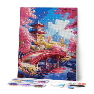 Broderie Diamant sur toile Pont rouge cerisiers 40 x 50 cm - Figured'Art - Rougier et Plé
