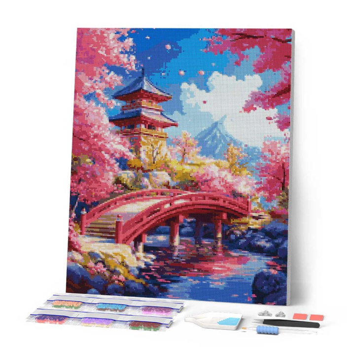 Broderie Diamant sur toile Pont rouge cerisiers 40 x 50 cm - Figured'Art - Rougier et Plé