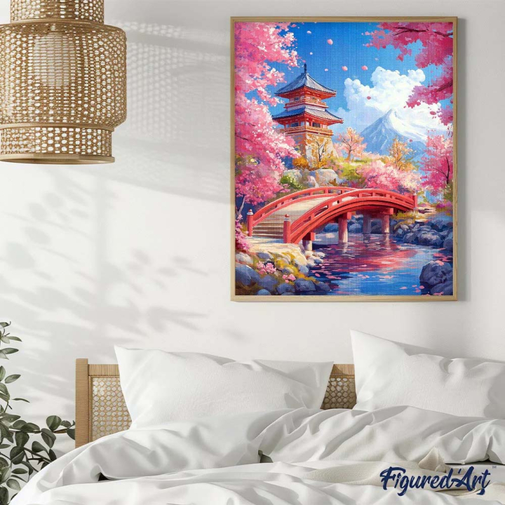 Broderie Diamant sur toile Pont rouge cerisiers 40 x 50 cm - Figured'Art - Rougier et Plé