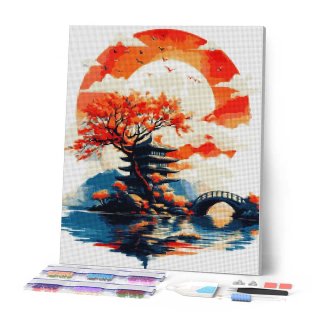 Broderie Diamant sur toile Pagode sous le soleil levant 40 x 50 cm - Figured'Art - Rougier et Plé