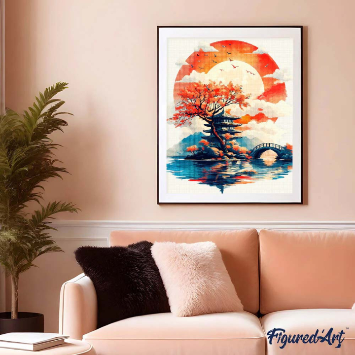 Broderie Diamant sur toile Pagode sous le soleil levant 40 x 50 cm - Figured'Art - Rougier et Plé