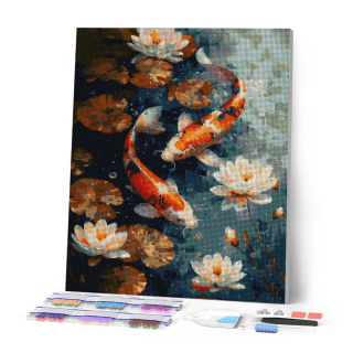 Broderie Diamant sur toile Carpe Koi vintage fleurs 40 x 50 cm - Figured'Art - Rougier et Plé