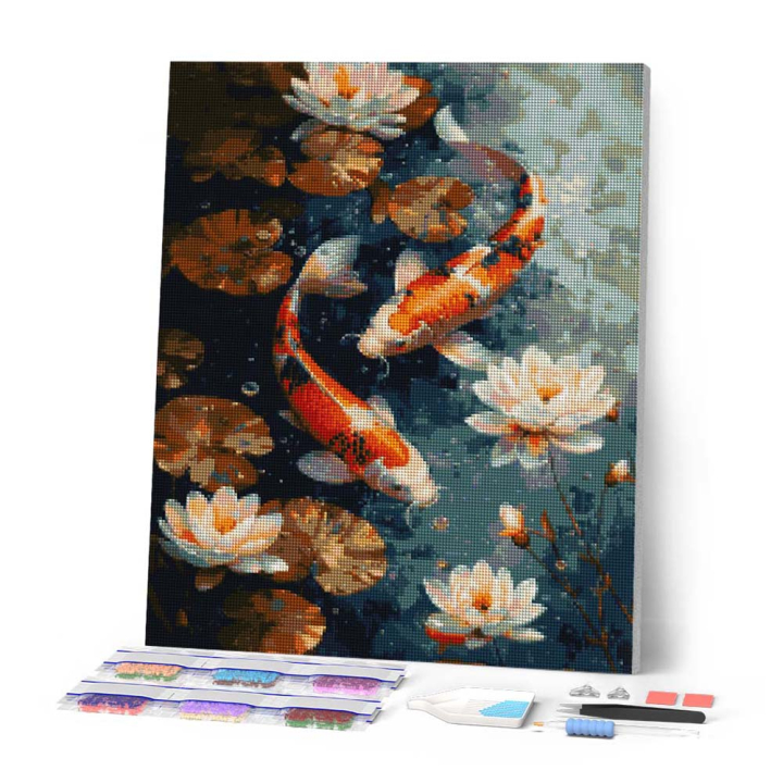 Broderie Diamant sur toile Carpe Koi vintage fleurs 40 x 50 cm - Figured'Art - Rougier et Plé