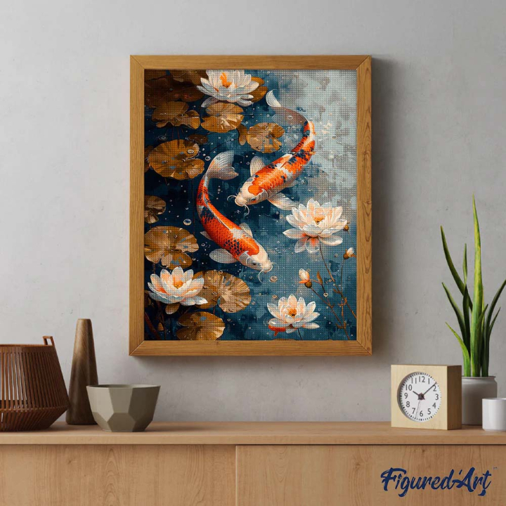 Broderie Diamant sur toile Carpe Koi vintage fleurs 40 x 50 cm - Figured'Art - Rougier et Plé