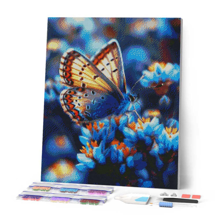 Broderie Diamant - papillons fleurs bleues 40x50cm toile sur châssis - Figured'Art - Rougier et Plé