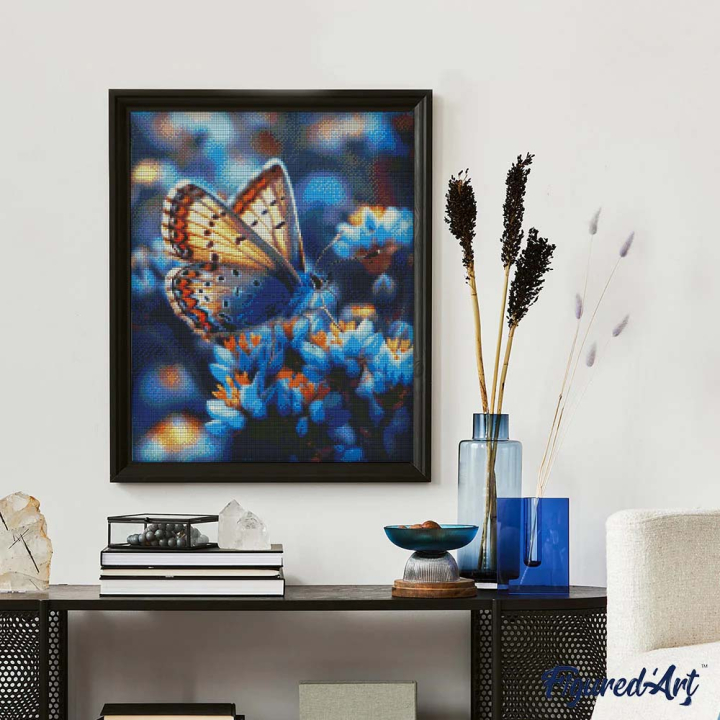 Broderie Diamant - papillons fleurs bleues 40x50cm toile sur châssis - Figured'Art - Rougier et Plé