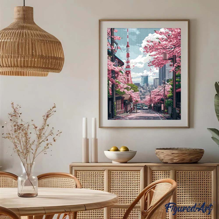 Broderie Diamant - Rue des Cerisiers Tokyo 40x50cm toile sur châssis - Figured'Art - Rougier et Plé