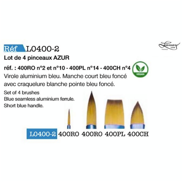 Set Pinceaux courts en fibres synthétiques Azur 4 pcs série 400-2 - Léonard - Rougier et Plé