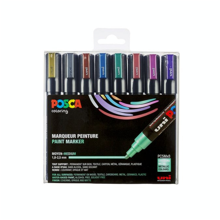 Marqueur PC-5M pointe conique moyenne - boîte de 8 couleurs métal - Posca - Rougier et Plé
