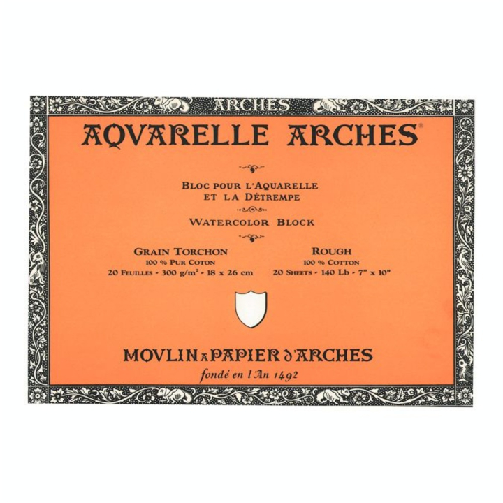 Papier aquarelle bloc de 20 feuilles 18 x 26cm 300g grain torchon - Arches - Rougier et Plé
