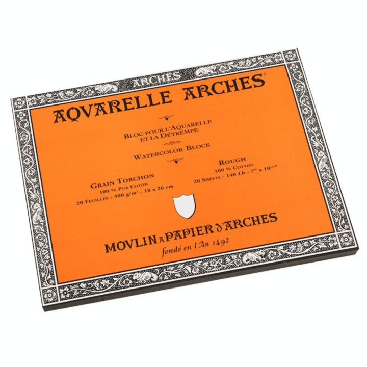 Papier aquarelle bloc de 20 feuilles 18 x 26cm 300g grain torchon - Arches - Rougier et Plé