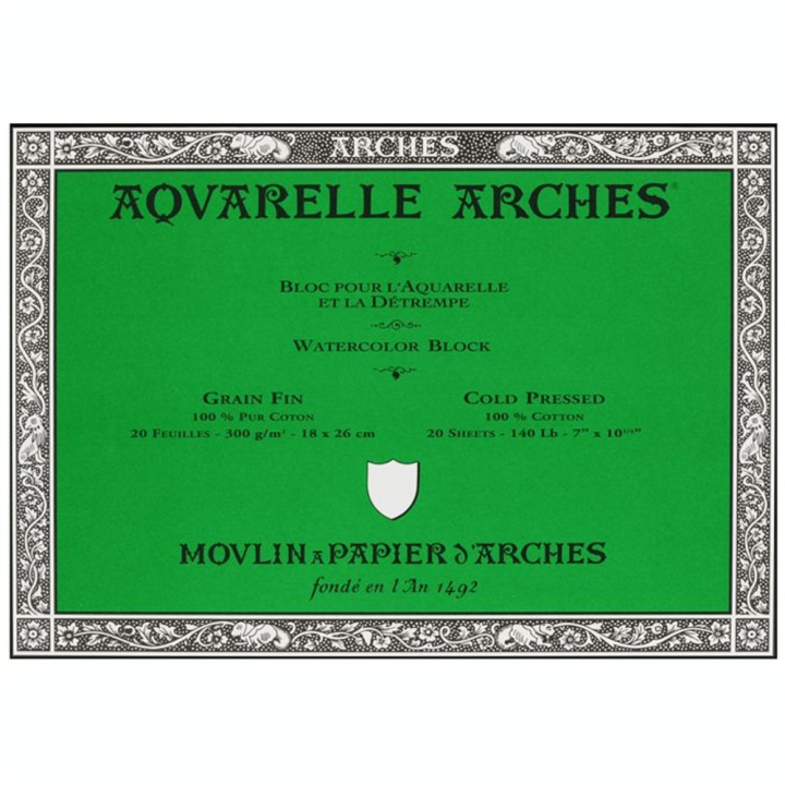 Papier aquarelle bloc de 20 feuilles 18 x 26cm 300g grain fin - Arches - Rougier et Plé