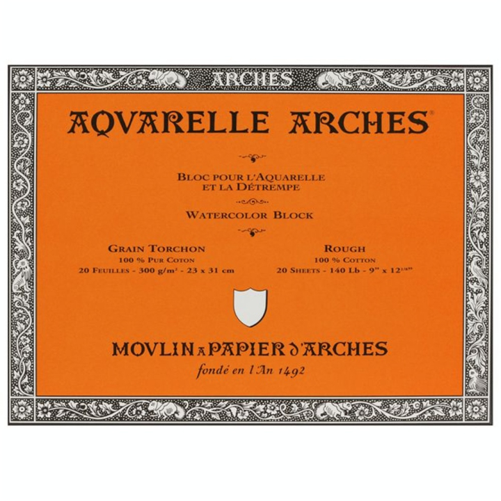 Papier aquarelle bloc de 20 feuilles 23 x 31cm 300g grain torchon - Arches - Rougier et Plé