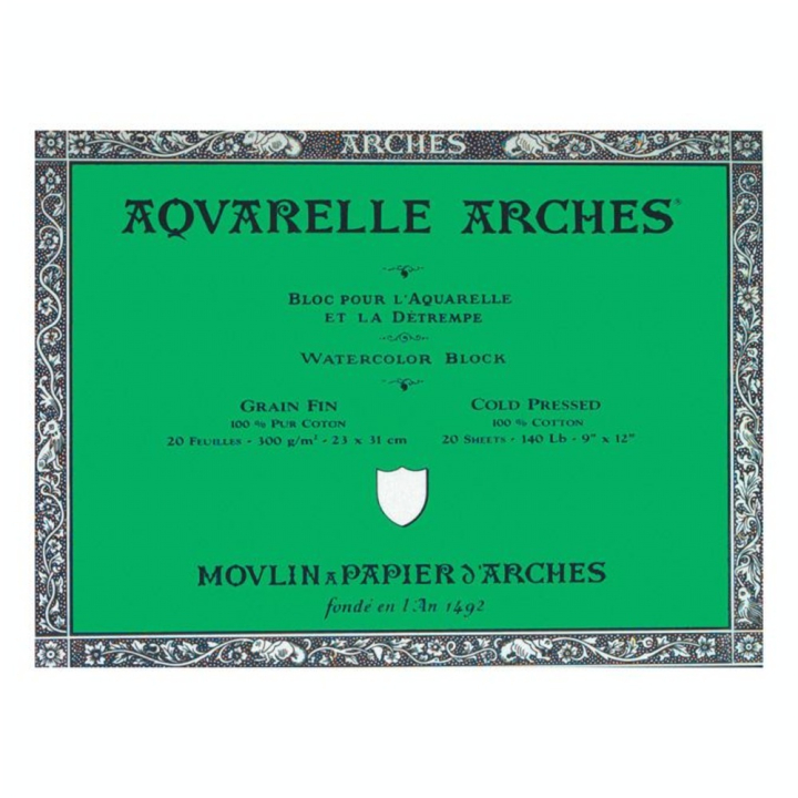 Papier aquarelle bloc de 20 feuilles 23 x 31cm 300g grain fin - Arches - Rougier et Plé