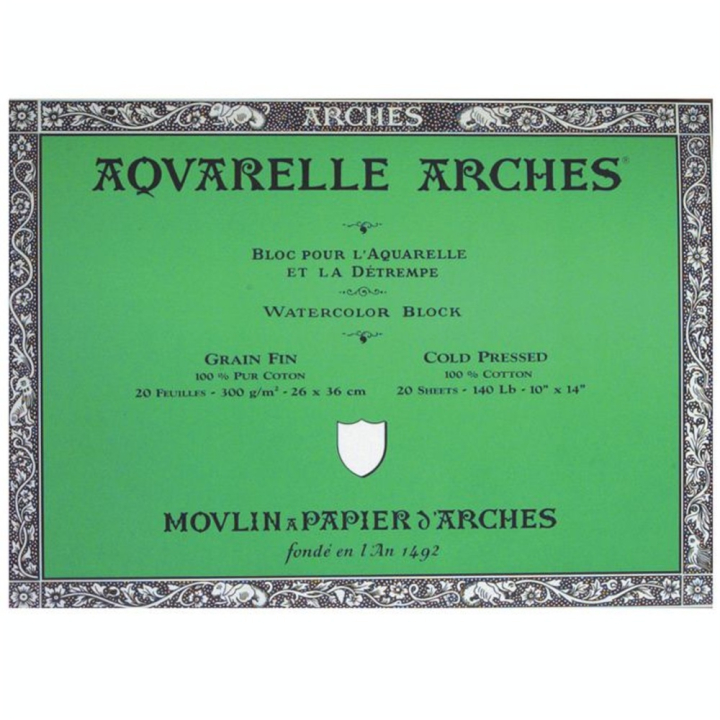 Papier aquarelle bloc de 20 feuilles 26 x 36cm 300g grain fin - Arches - Rougier et Plé