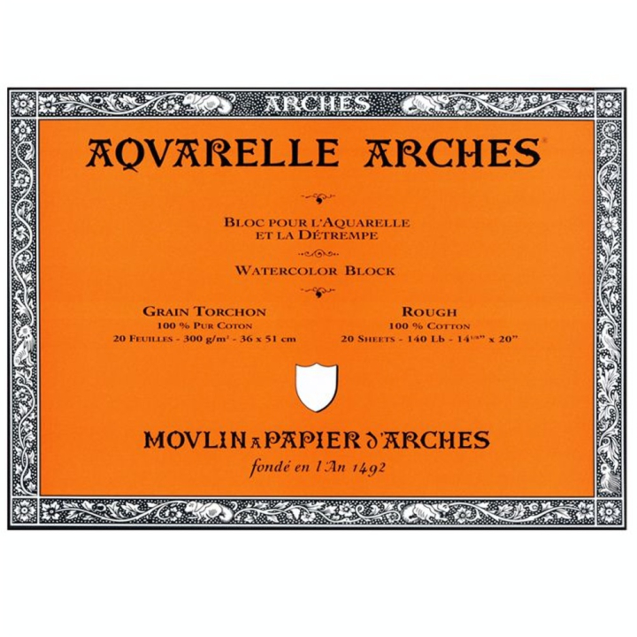 Papier aquarelle bloc de 20 feuilles 36 x 51cm 300g grain torchon - Arches - Rougier et Plé
