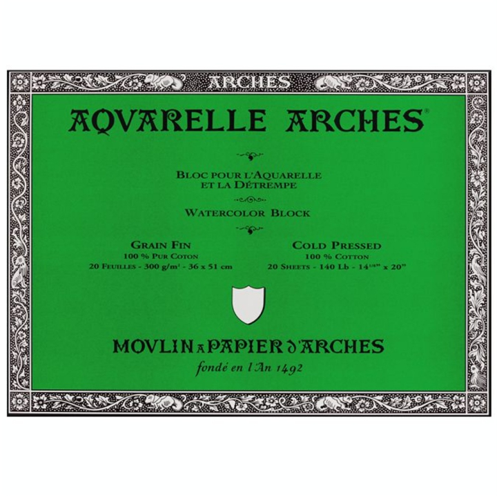 Papier aquarelle bloc de 20 feuilles 36 x 51cm 300g grain fin - Arches - Rougier et Plé