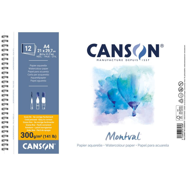 Papier aquarelle Montval album de 12 feuilles 300g grain fin - Canson - Rougier et Plé