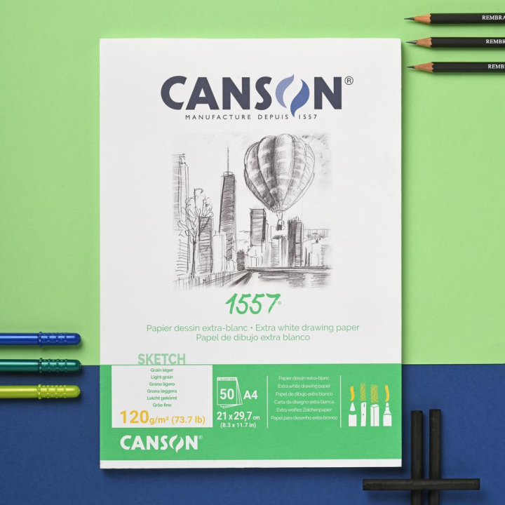 Canson 1557 grain léger 120g/m², bloc collé petit côté A4 - 21 x 29,7cm - Canson - Rougier et Plé