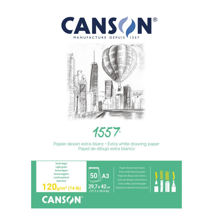Canson 1557 grain léger 120g/m², bloc collé petit côté A4 - 21 x 29,7cm - Canson - Rougier et Plé