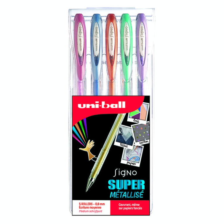 Stylo Signo encre gel moyen effet métal en pochette par 5 - Uni-Ball - Rougier et Plé