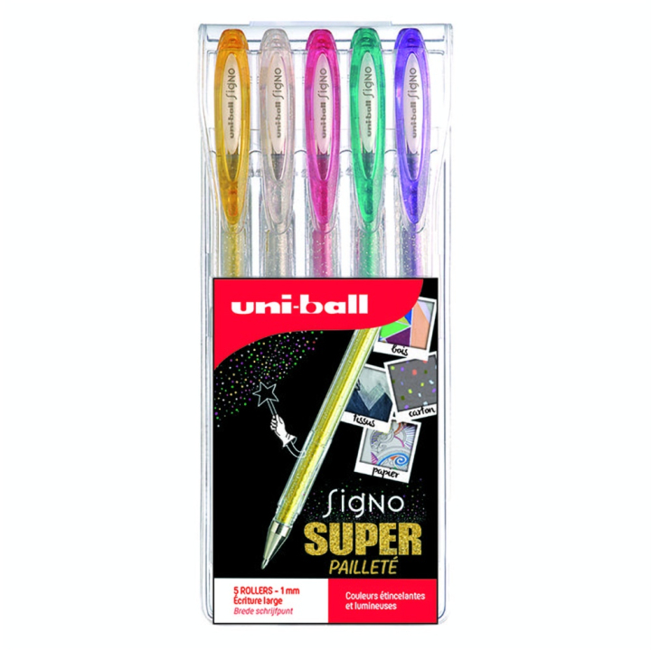 Stylo encre gel large effet pailleté en pochette par 5 - Uni-Ball - Rougier et Plé