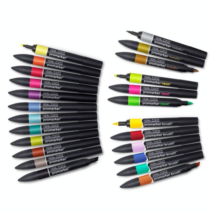 Marqueurs assortis 12 Promarker + 6 BrushMarker + 3 NeonMarker + 3 Metallic Marker - Winsor & Newton - Rougier et Plé