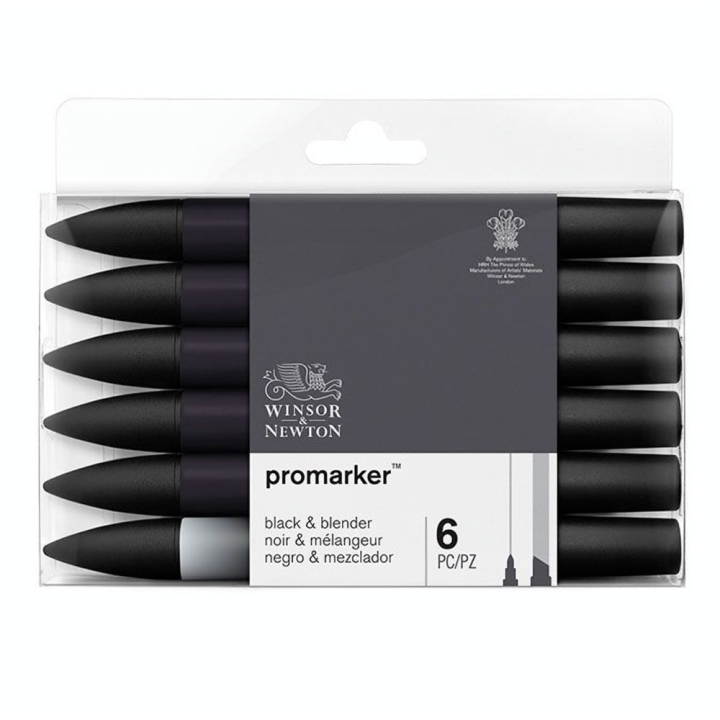 Marqueur Promarker Set 5 Noirs + Blender - Winsor & Newton - Rougier et Plé
