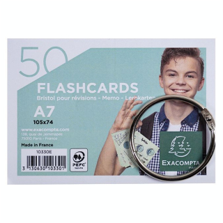 Paquet de 50 Flashcards sous film + anneau Bristol ligné perforé A7 - Exacompta - Rougier et Plé
