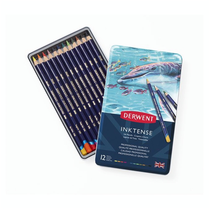 Crayon d'encre aquarellable Inktense Boîte métal 12 pcs - Derwent - Rougier et Plé