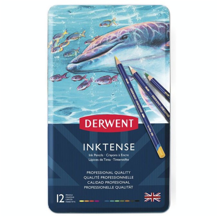 Crayon d'encre aquarellable Inktense Boîte métal 12 pcs - Derwent - Rougier et Plé