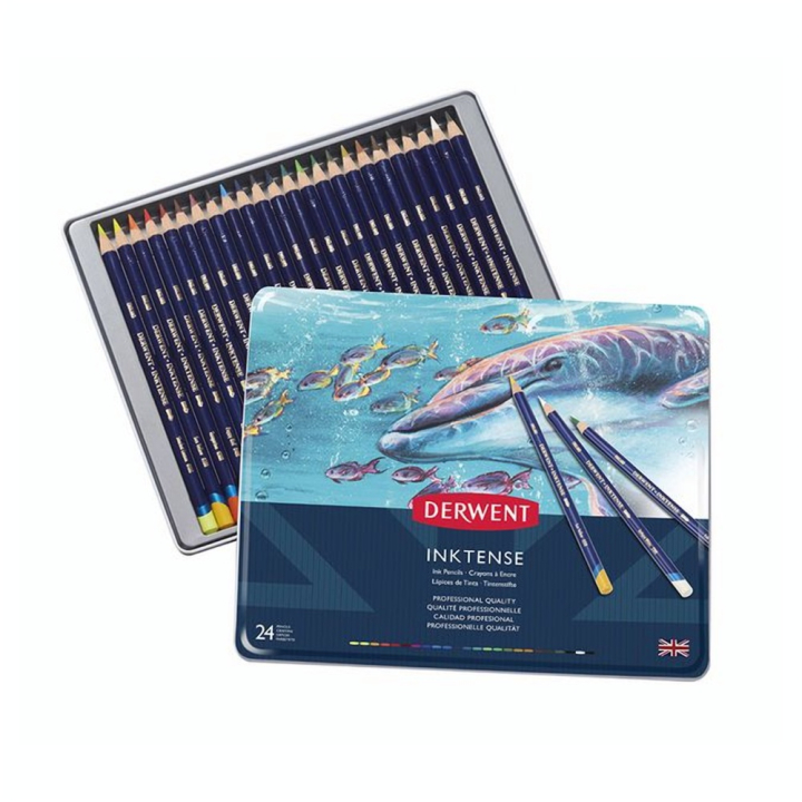 Crayon d'encre aquarellable Inktense Boîte métal 24 pcs - Derwent - Rougier et Plé